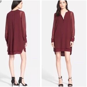 Vince Women's Burgundy Wine Sheer Long Sleeve Silk Dress Size 4